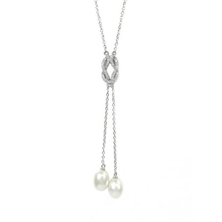 24 Necklace White Pearls - Sterling Silver Freshwater Cultured Pearl and Cubic Zirconia Pendant Chain Lariat Necklace 24''