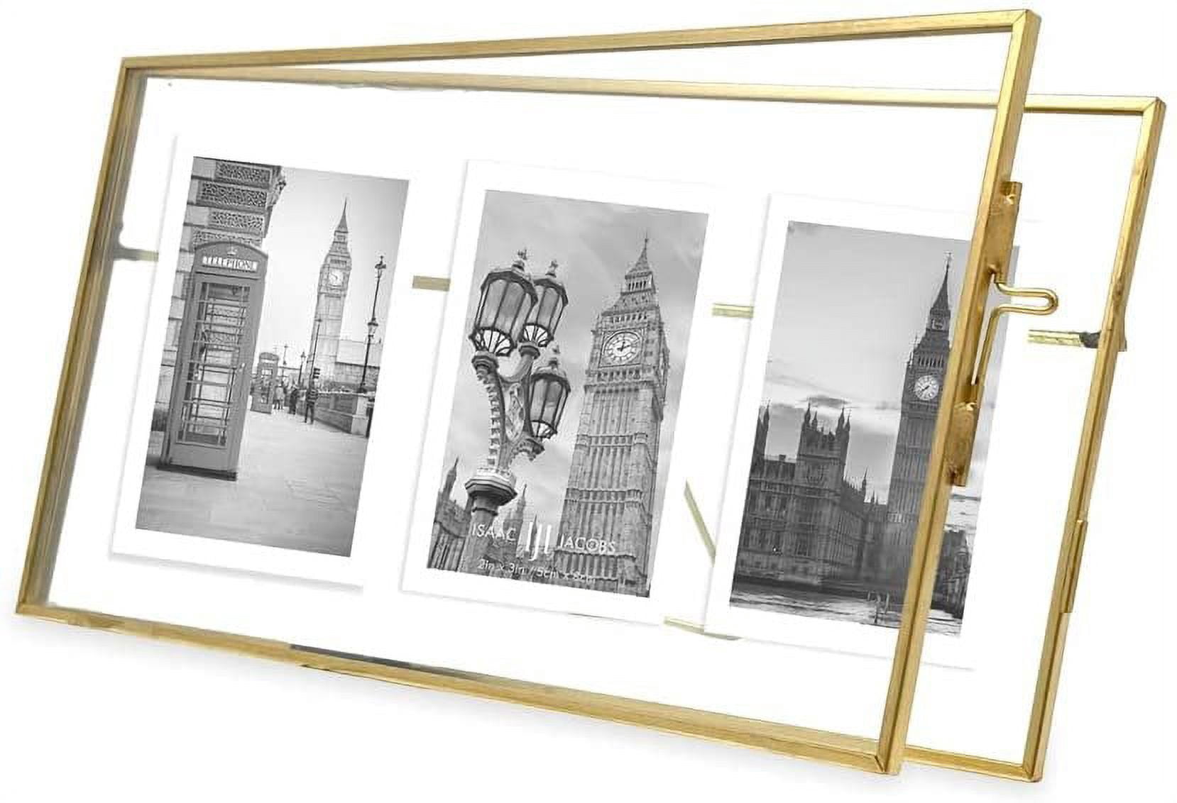 Isaac Jacobs 3-Photo Vintage Style Glass and Metal Floating Picture Frame Horizontal w/ Locket Closure; Fits 3 2x3 photos