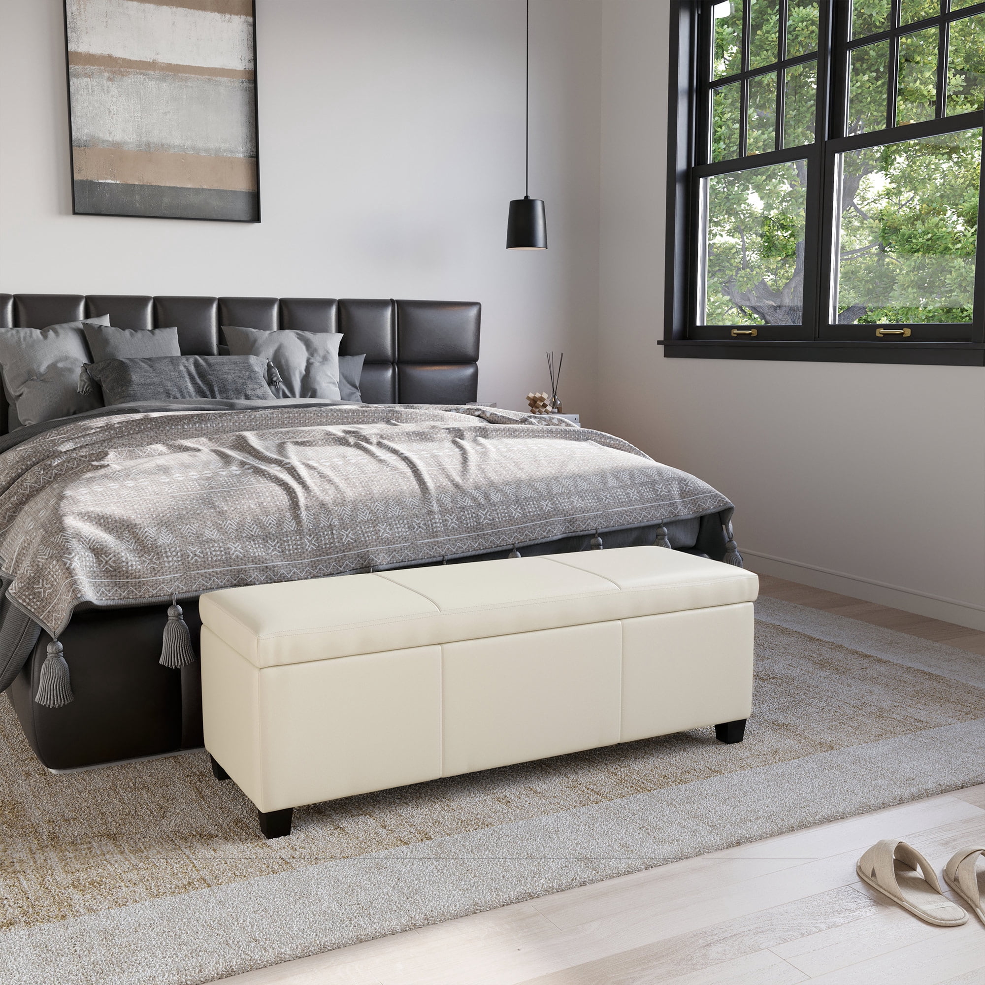 BELLEZE Storage Ottoman Bench Footstool - Amherst (Cream)