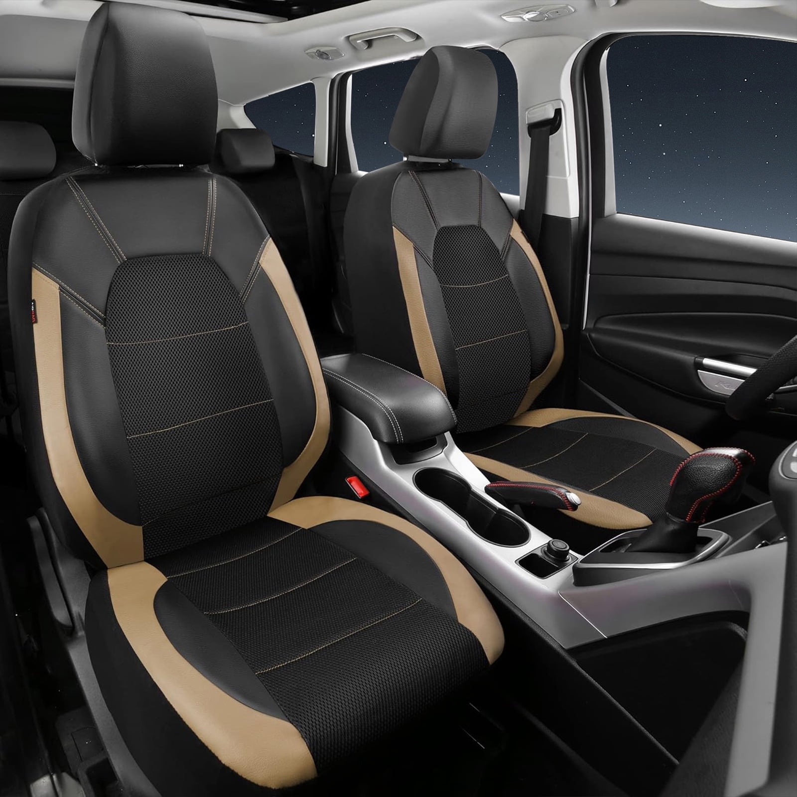 CAR GRAND Leather car seat covers full set air mesh breathable universal fit airbag compatible car, SUV, truck and van Beige