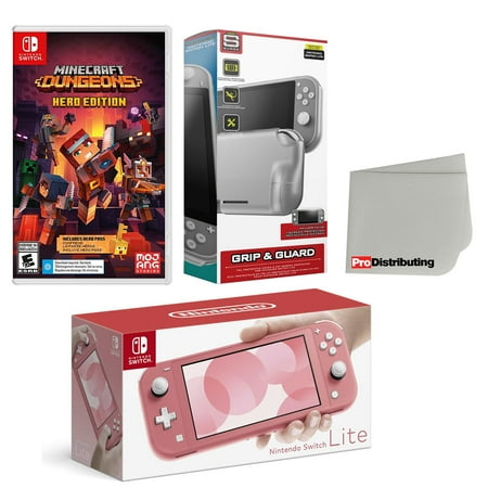 Nintendo Switch Lite Console Coral with Minecraft Dungeons Hero Edition, Protective Case, Screen Protector and Screen Cleaning Cloth Bundle - Import with US Plug