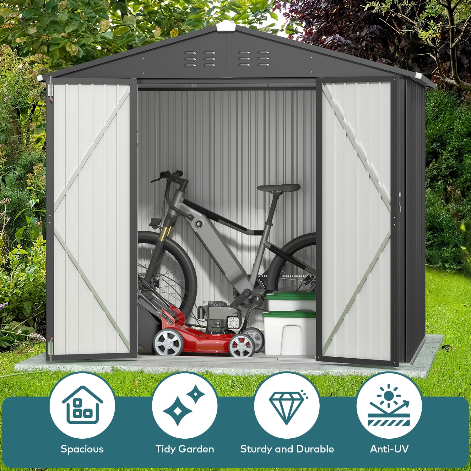 6x4FT Metal Outdoor Storage Shed, Garden Tool Shed with Lockable Doors & Slooping Roof for Backyard,Patio,Dark Grey