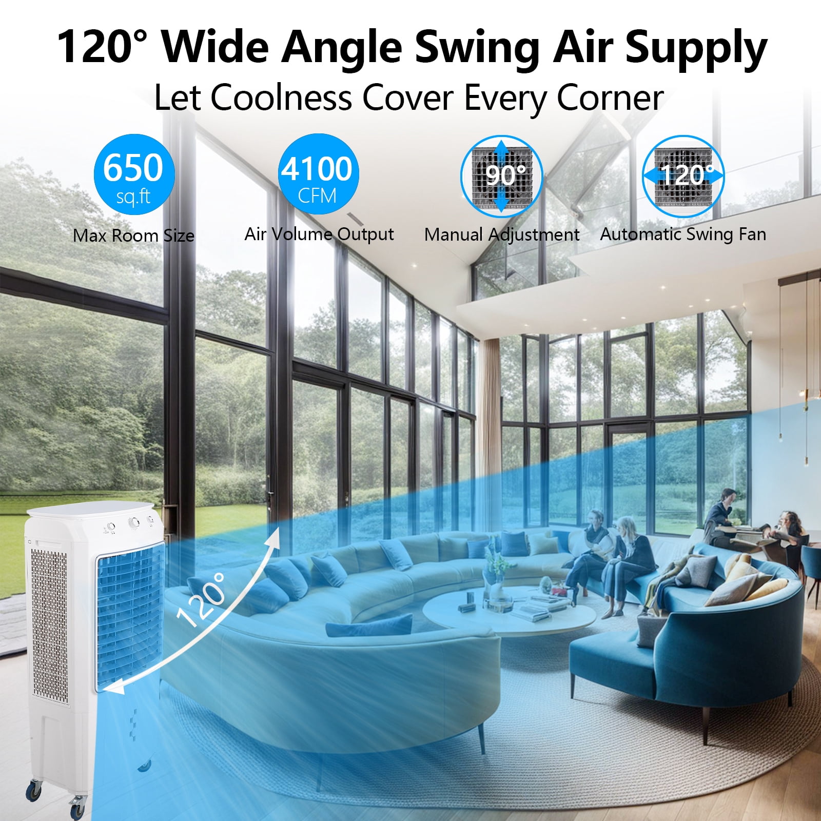 4100CFM Swamp Cooler with Remote, 4 Ice Packs, 3 Modes & Speeds for Indoor Outdoor Use - 15.8 Gallon