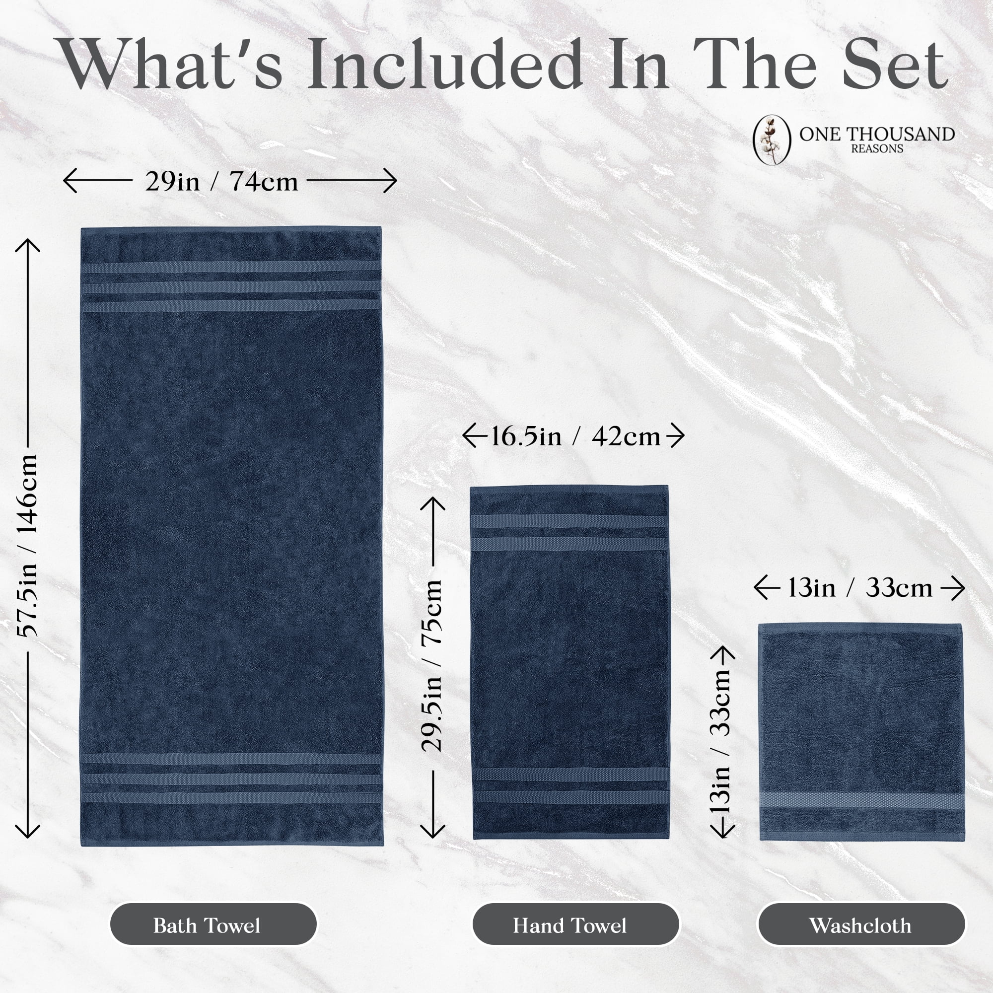 One Thousand Reasons Superior Zero Twist 3 Stripe Towel Set | Bath, Gym, Hand Towels | Luxury & Soft Cotton - Midnight (6 Pieces)
