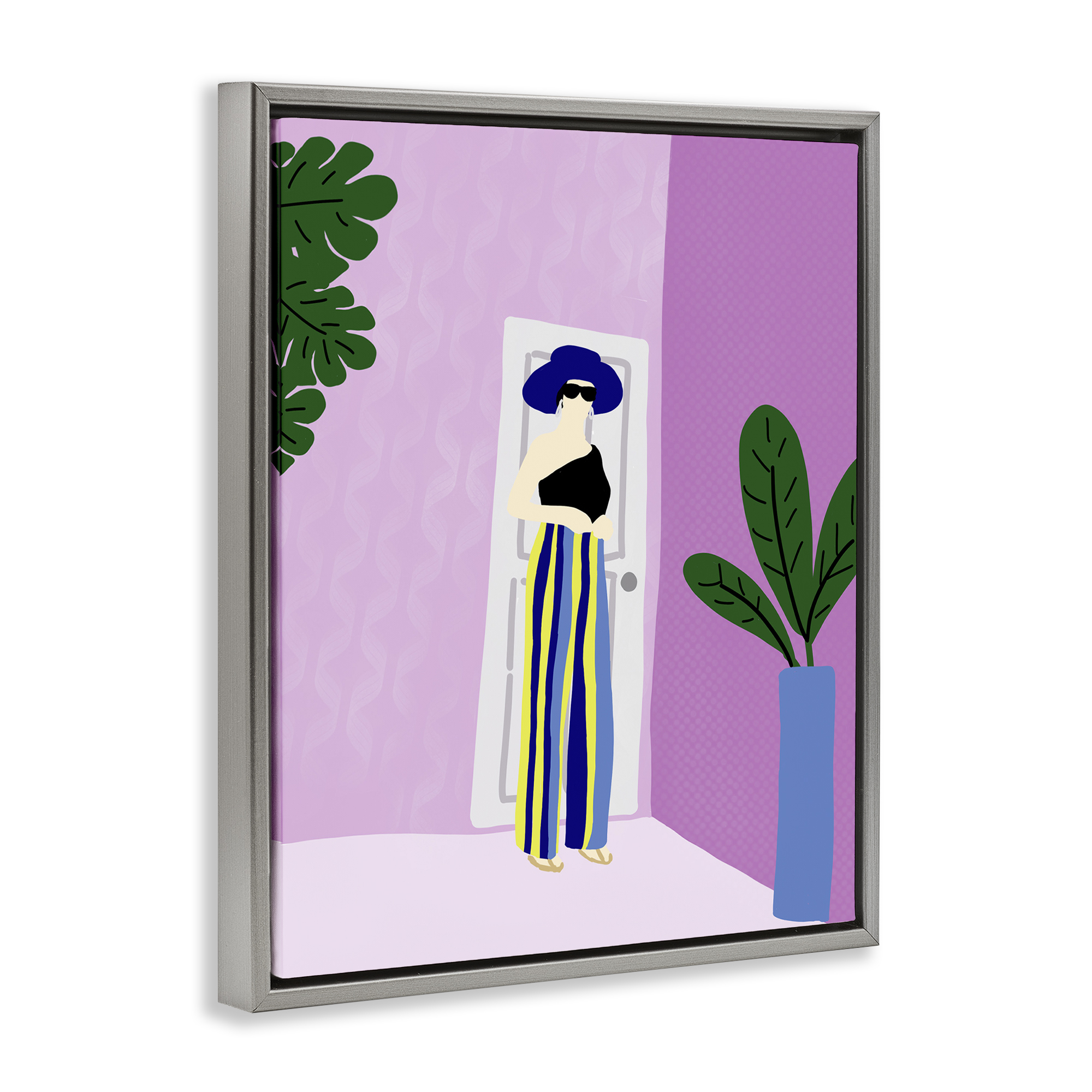 Stupell Industries Trendy Girl on Purple Novelty Painting Gray Floater Framed Art Print Wall Art, 17 x 21