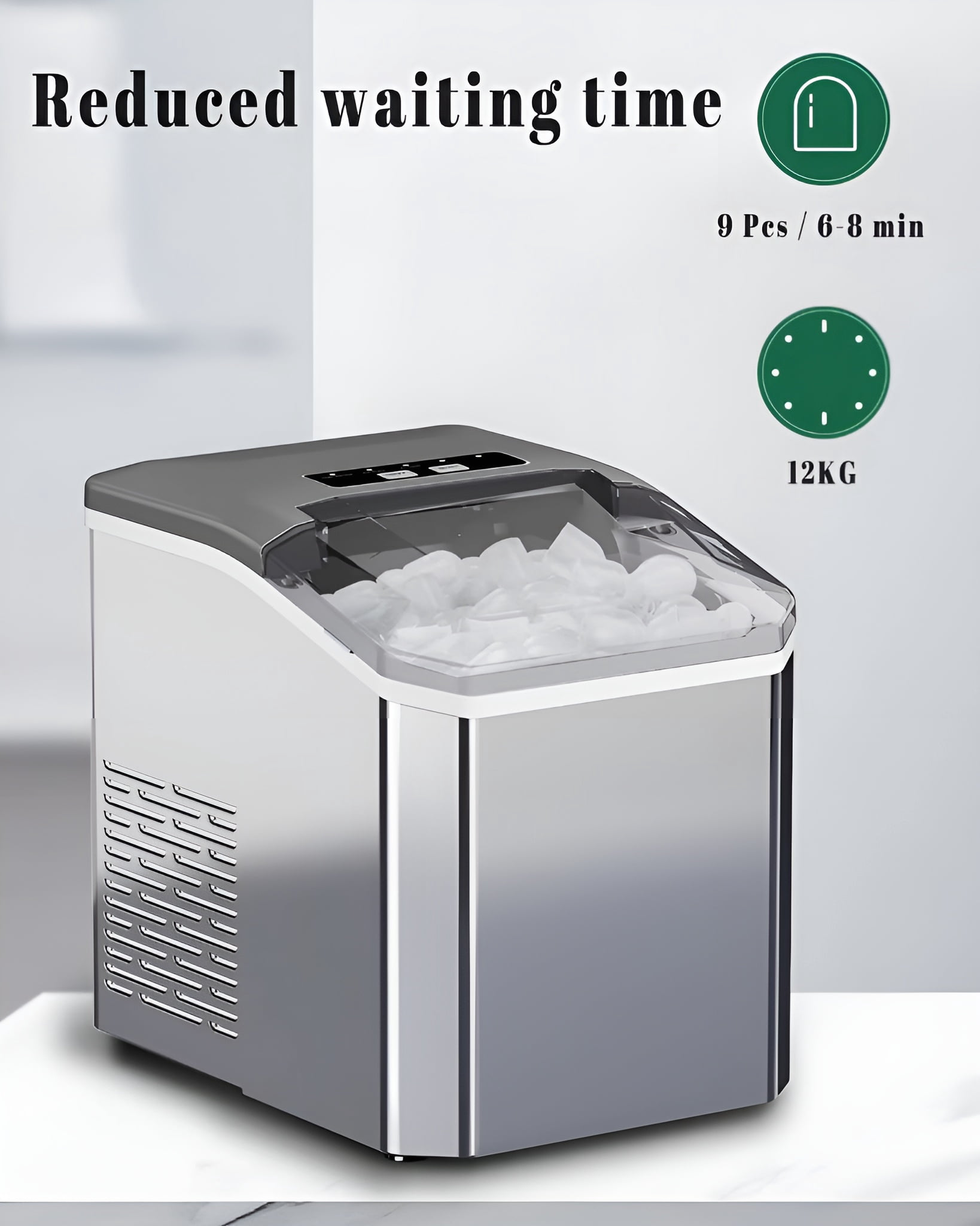 Ice Maker Countertop, 9Pcs/6Min, Self-Cleaning Portable Ice Machine Maker with Ice Scoop and Handle Quieter, 26Lbs/24H,for Home, Kitchen, Camping, Parties