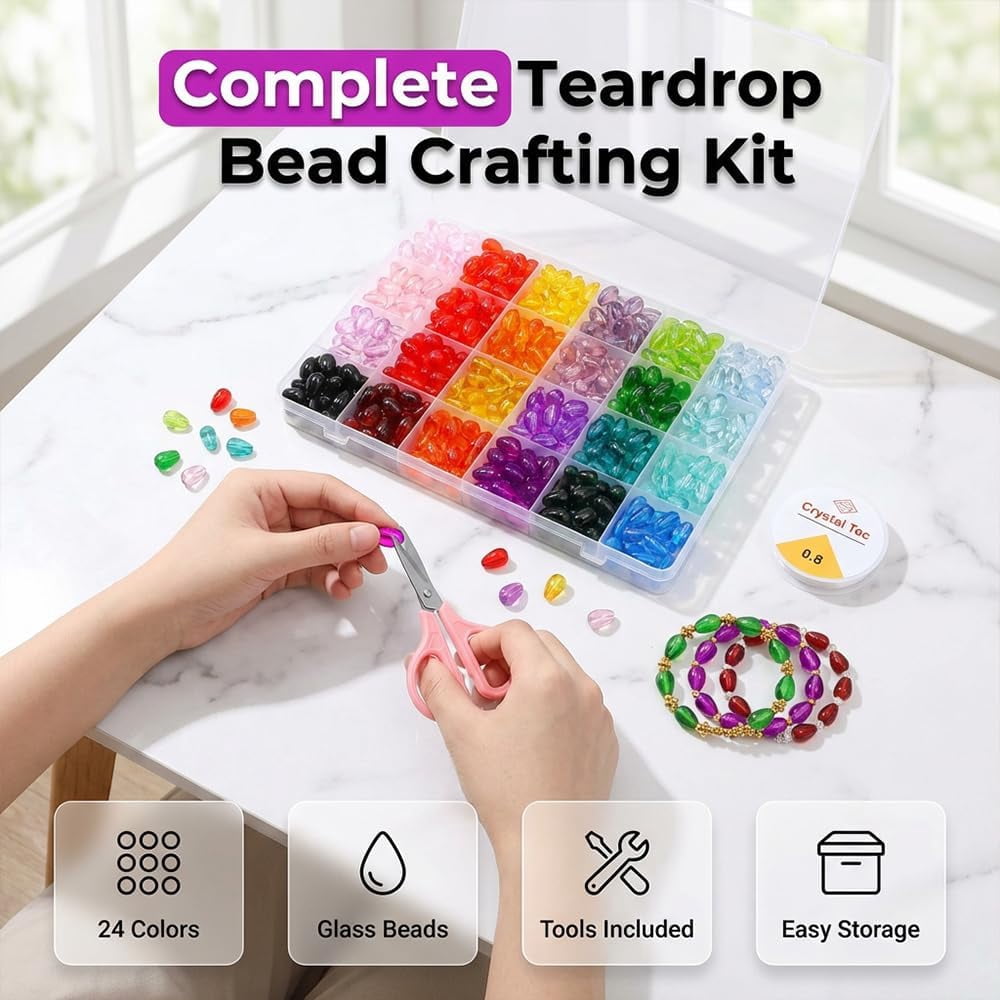 560Pcs 6*12mm Glass Beads Bracelet Making Kit, 24 Colors Bamboo & Teardrop Crystal Beads For DIY Jewelry Crafts For Girls And Adults