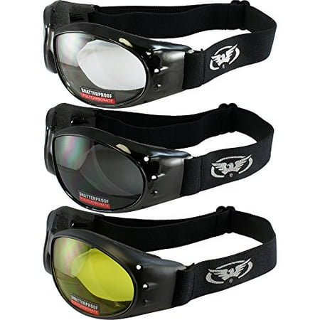 Smoke Goggles - Three (3) Pairs Padded Motorcycle Goggles Airsoft Googles Comes with Clear, Smoke, and Yellow Day and Night riding comfort You Should Have Googles For Any Weather Condition