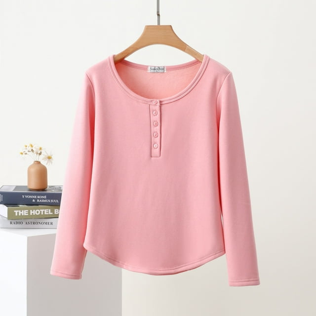 Censtreet Chemise de Base à Manches Longues pour Femmes, Couleur Unie, Boutonnée, Col Rond, Ourlet, Manteau Chaud Doublé de Velours, Pyjama à Manches Longues