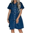 thumbnail image 2 of Fartey Summer Denim Dresses for Women Lapel Button Down Short Sleeve Dress Loose Fit Knee Length Dress Babydoll Casual Jean Dress with Pockets Blue S-XL, 2 of 9