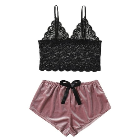 

BIZIZA Pajama Set for Women Lace Cami Top and Shorts 2 Piece PJ Sets Loungewear Sleepwear Soft