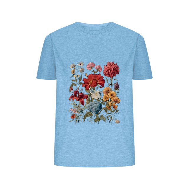 Blusas de Verano de las Mujeres Flor Impresa Cuello Redondo Manga Corta Superior, Verano Superior de las Mujeres