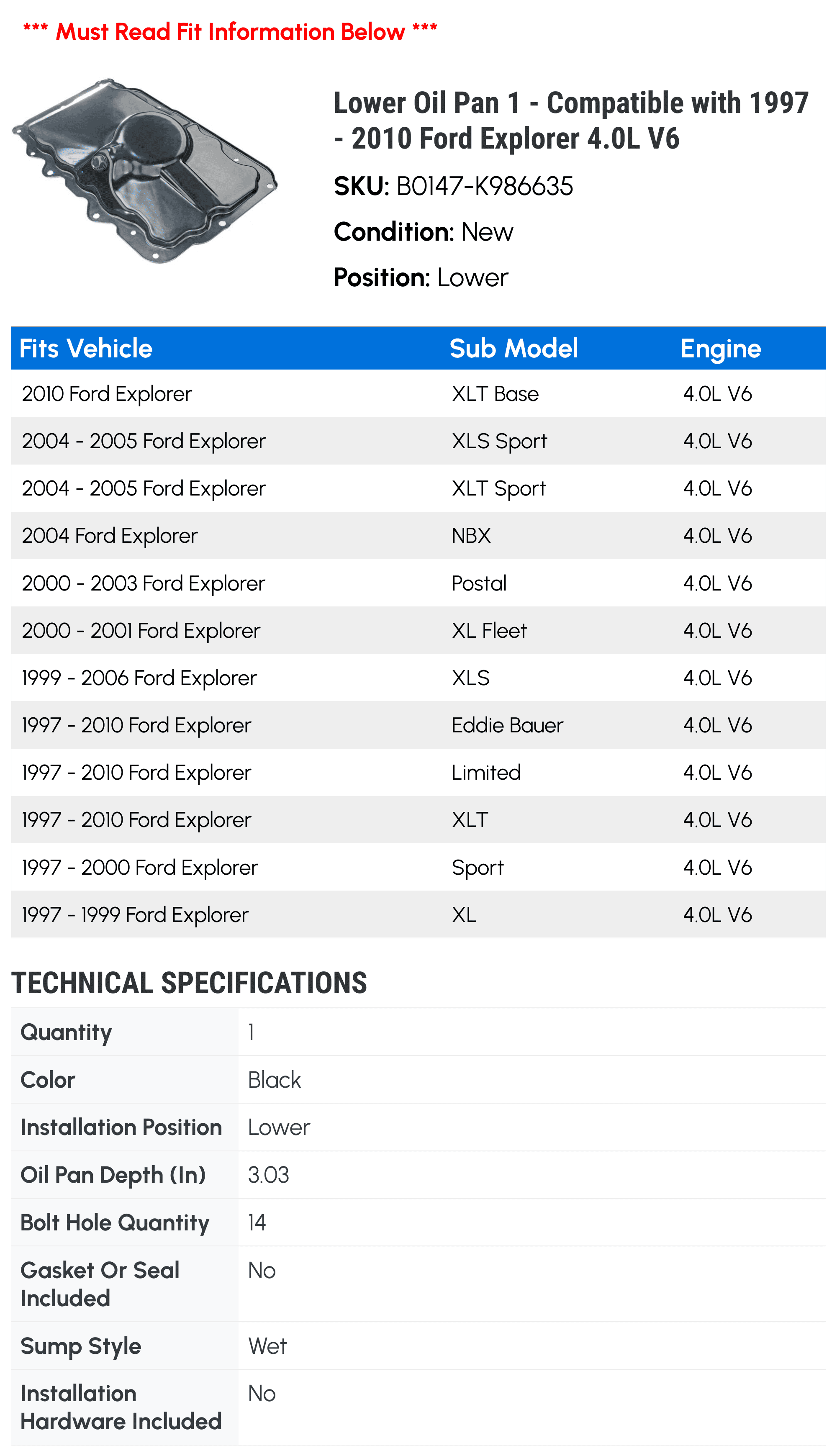 Lower Oil Pan 1 - Compatible with 1997 - 2010 Ford Explorer 4.0L V6 - Autopart Premium
