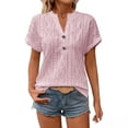 thumbnail image 2 of ClodeEU Women's V Neck Short Sleeve Blouse, Casual Solid Color Loose Fit Button Top Pink,Women's Plus S, 2 of 8