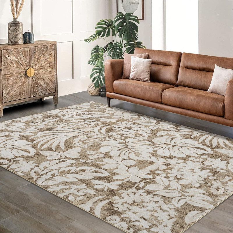 Washable 5x7 Area Rugs for Living Room Non-Slip Soft Modern Botanical Floral Rugs Accent Floor Carpet for Bedroom Dining Room Brown