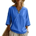 thumbnail image 3 of Women's V-Neck Asymmetrical Linen Blend Blouse - 3/4 Sleeve Casual Button Detail Tunic Top with Loose Fit, Lightweight Solid Boho Shirt for Summer & Vacation Blue L, 3 of 5