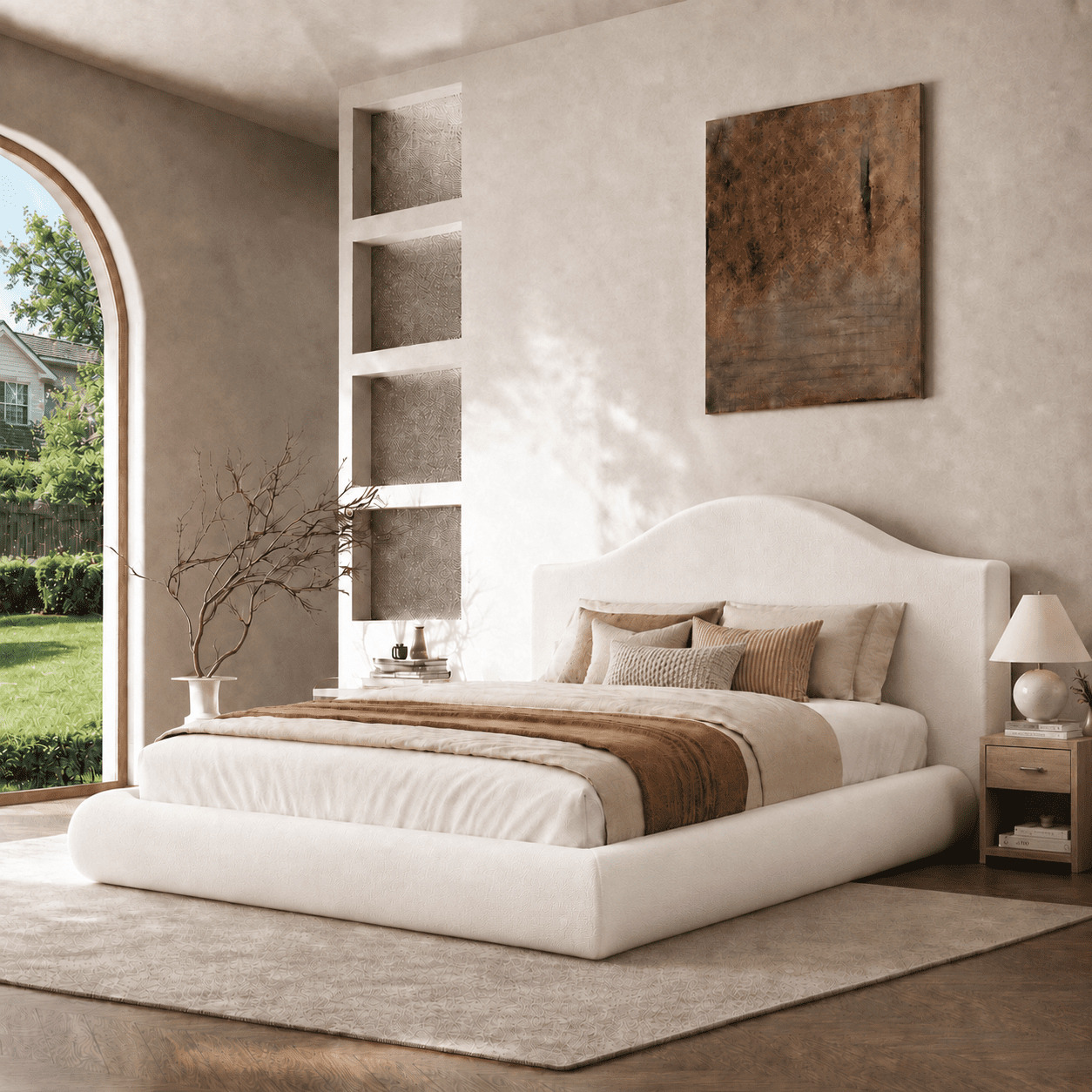 Doyolan Queen Cloud Bed Frame, Modern Chenille Upholstered Platform Bed Frame with Curved Wingback Headboard, Thick Soft Cushion Design, Low Profile Bedroom Furniture, White,Not Include Box Spring