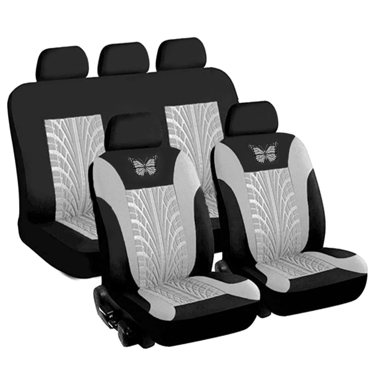 9PCS Universal Car Seat Covers Full Set Protector Cushion Front Rear 3D Butterfly Embroidery Pattern, Grey