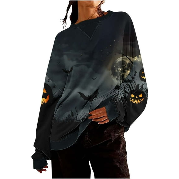 Raeneomay Long Sleeve Shirts for Women Halloween Women's Round Neck Long Sleeved Loose Top Hoodie
