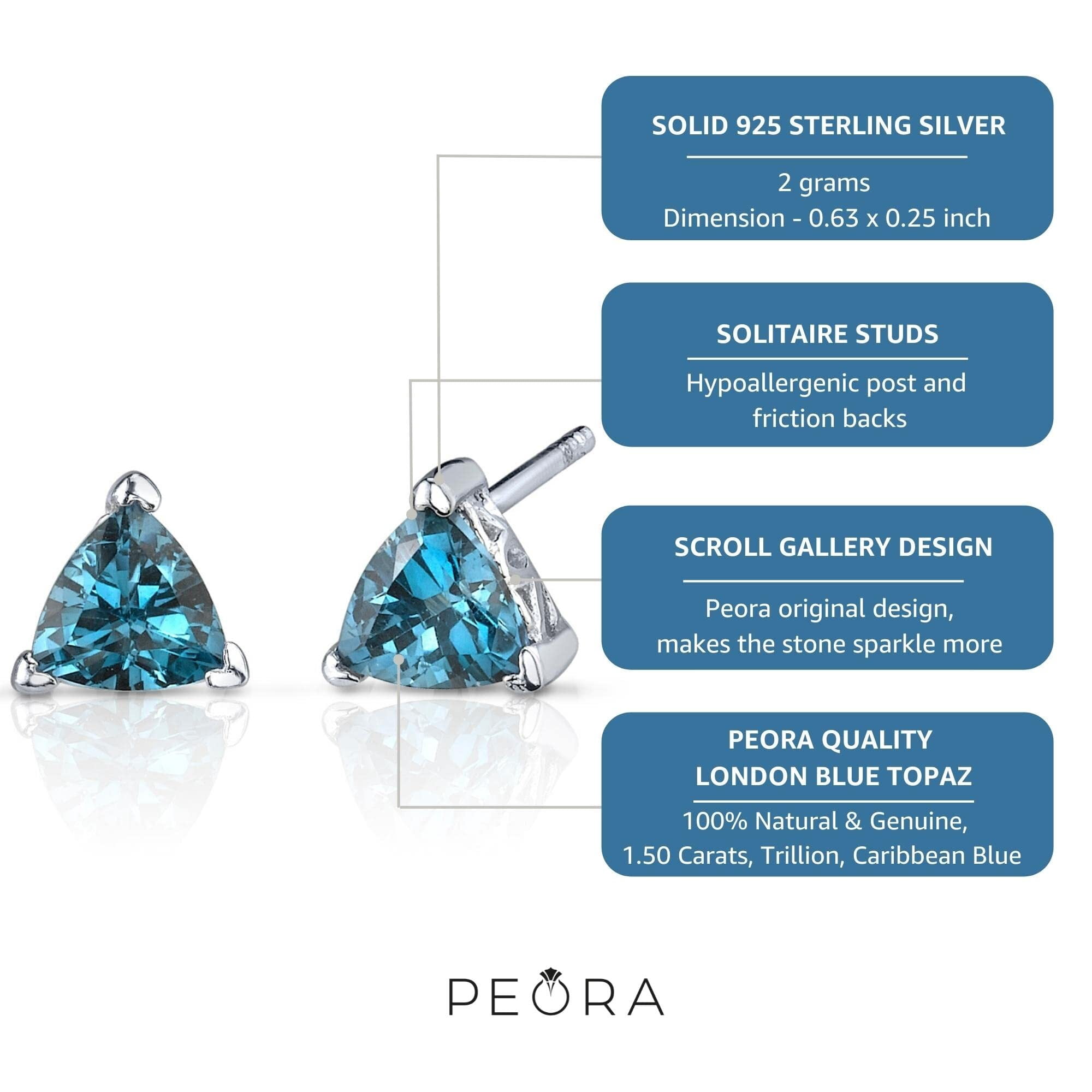 Peora London Blue Topaz Stud Earrings 925 Sterling Silver, Solitaire Scroll Gallery, 1.50 Carats Total, Trillion Cut, 6mm, Friction Back