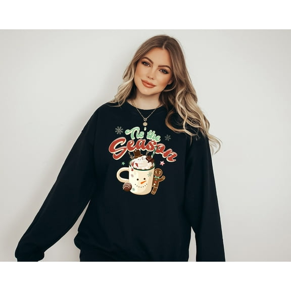 Tis The Season Hot Cocoa Sweater, Vintage Christmas, Christmas Sweatshirt, Women's Cute Santa, Xmas Graphic Pullover, Holiday Ugly Sweater 1310108287
