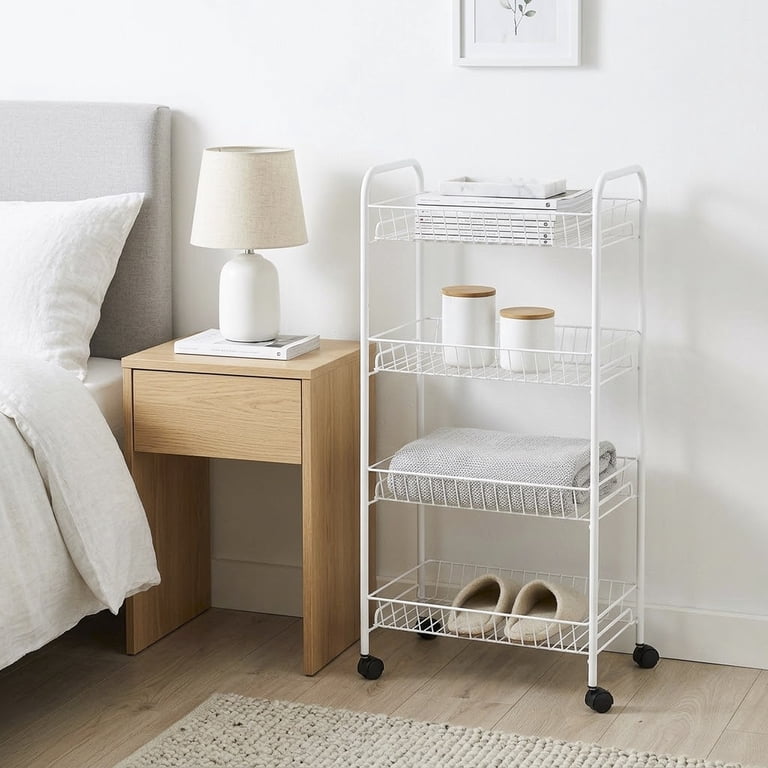Mainstays Laundry Cart, White, Rolling 4-Tier Metal Organizer for