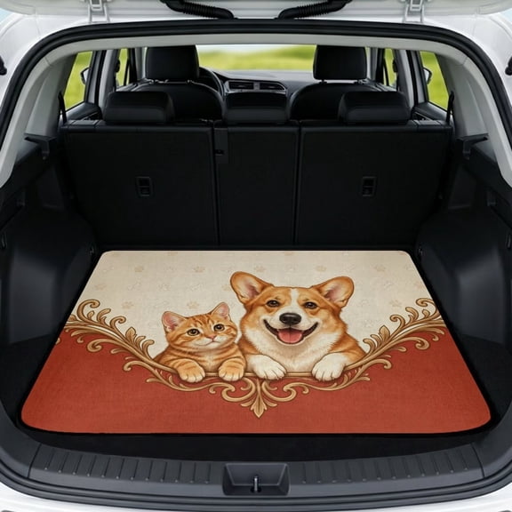 COEQINE Universal Car Trunk Mat All Weather Cargo Liner Floor Mat with Non-Slip Backing Scratch-proof Pet Cargo Mat Suitable for Most Car Models, Corgi Cat Paw Red