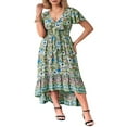 thumbnail image 3 of Robe Boho Longue d'Été pour Femmes à Manches Courtes et Col V Ourlet Irrégulier Cravate Robe Florale, 3 of 6