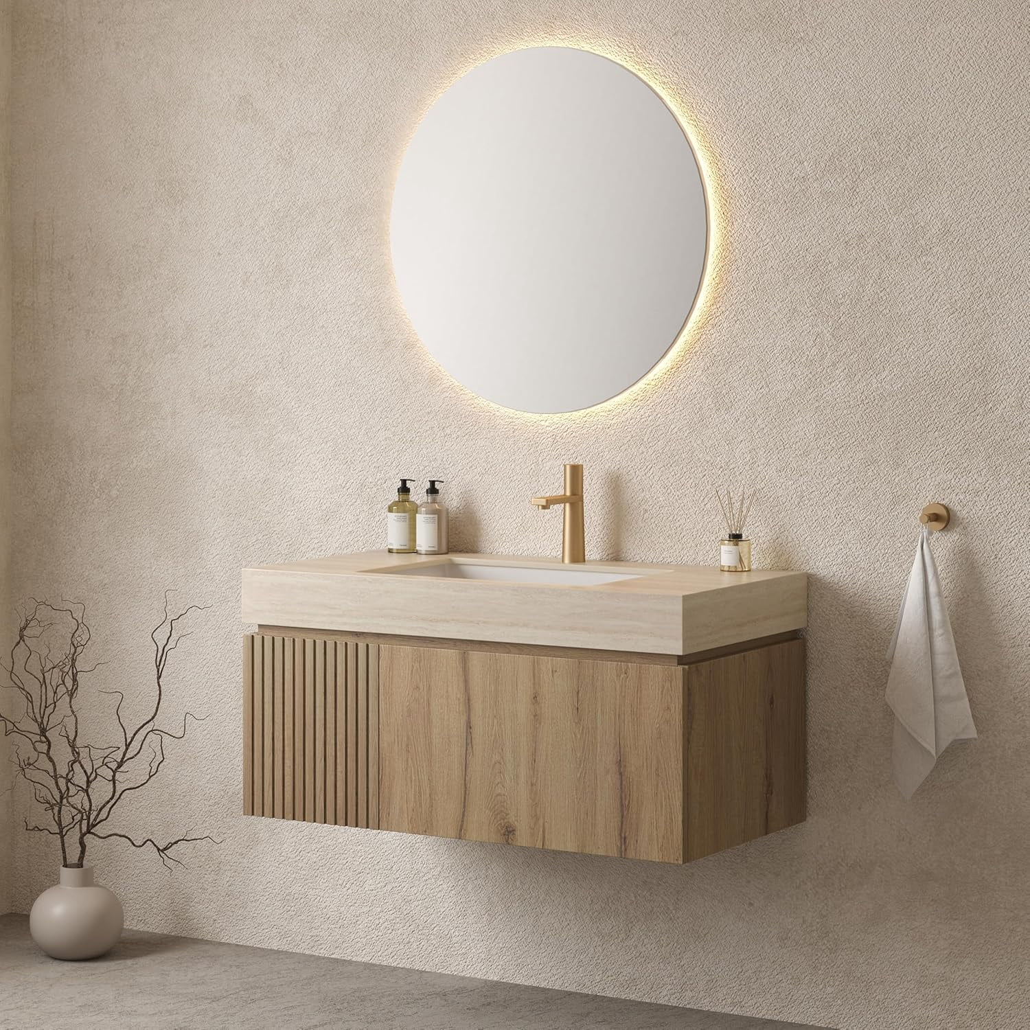 36" Bathroom Vanity with Sink, Wall Mounted with Drawer and Door, Roma Travertine-Pattern Countertop and Ceramic Basin, Pre-Assembled Cabinet