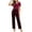 Wine, variant on Sleepwear Set for Women Mixed‑Print Notch Neck Short Sleeve Vertical Ribbed Bow Top and Elastic Waist Grid Long Pants Soft Stretchy Knit Loungewear Pajama Outfit