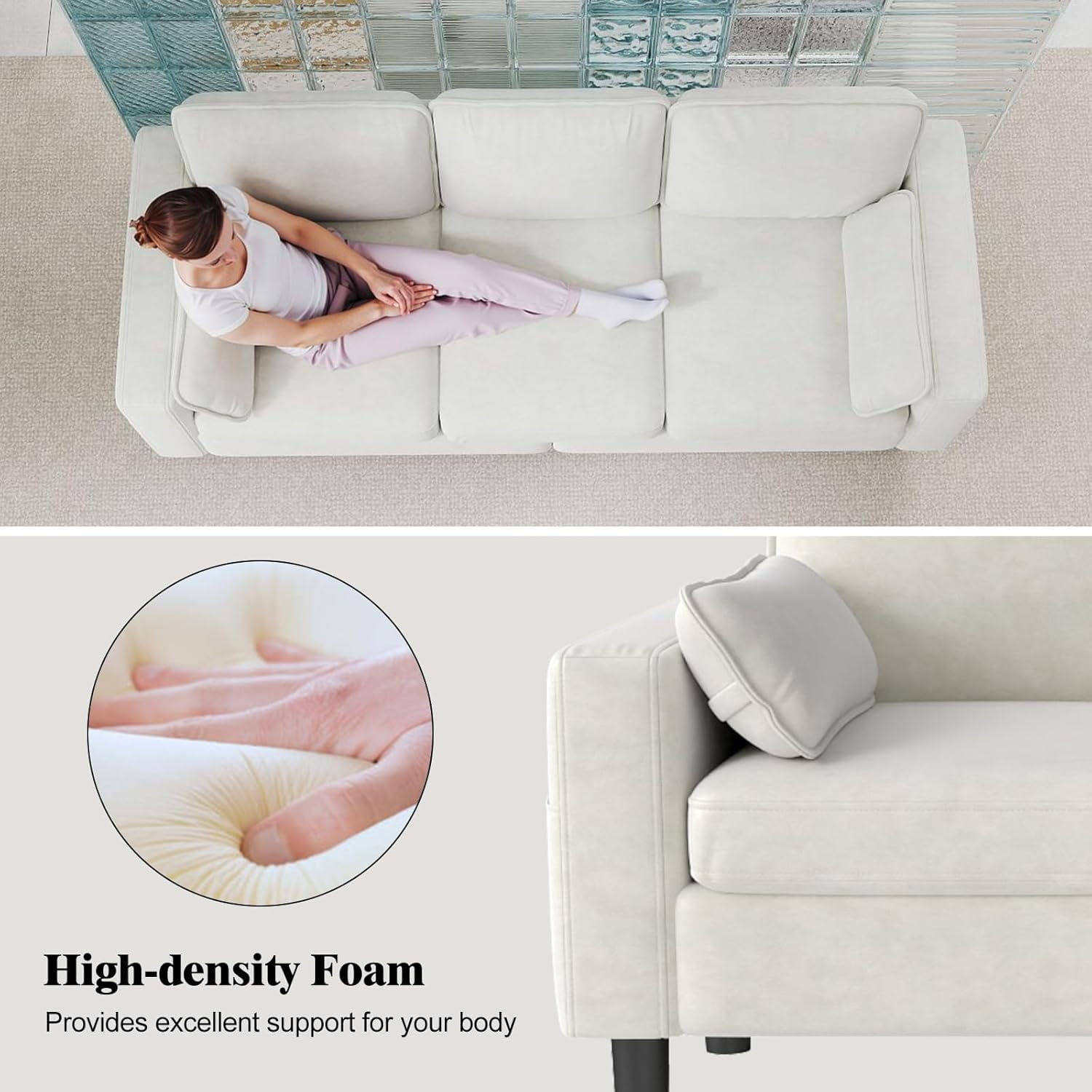 Kinbor Multi-Functional 3-Seater Sofa Chair, Modern Accent Chairs Comfy Living Room Chair with Cushions & Side Pocket, Beige