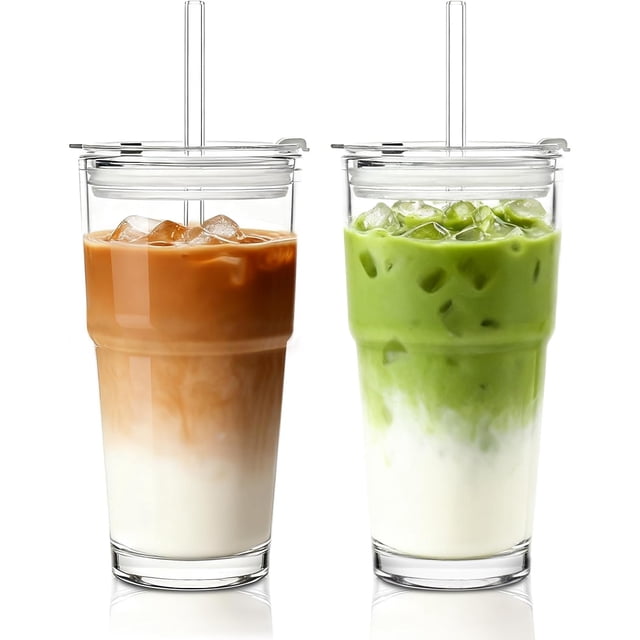 Vaso de Vidrio Transparente con Tapa y Popote de Vidrio, Juego de 2 Vasos de Café de Vidrio Engrosado, Vasos para Beber con Popote para Batidos, Té, Leche, Whisky, Agua y Más