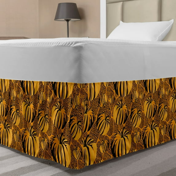Vintage Botany Bed Skirt, Repeated Pattern Pumpkins on Ethnic Theme Ornamented Background, Elastic Bedskirt Dust Ruffle Wrap Around for Bedding Decor, 4 Sizes, Marigold Charcoal Grey, by Ambesonne