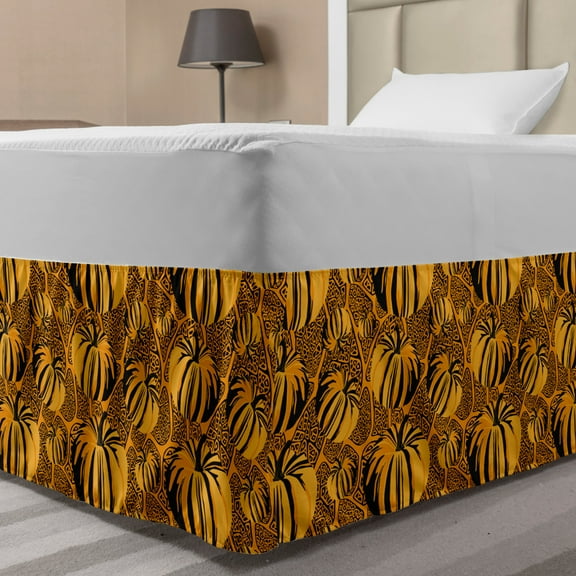 Vintage Botany Bed Skirt, Repeated Pattern Pumpkins on Ethnic Theme Ornamented Background, Elastic Bedskirt Dust Ruffle Wrap Around for Bedding Decor, 4 Sizes, Marigold Charcoal Grey, by Ambesonne