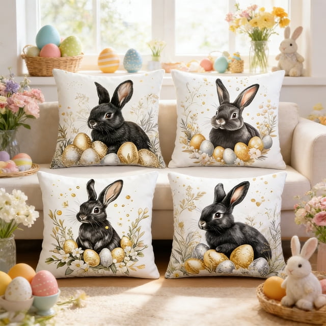 Fwttom Easter Decorations 4pcs Easter Pillow Rabbits And Easter Egg Patterns Throw Pillow Cases Decorative Cushion Covers for Sofa Couch Home Easter Decor