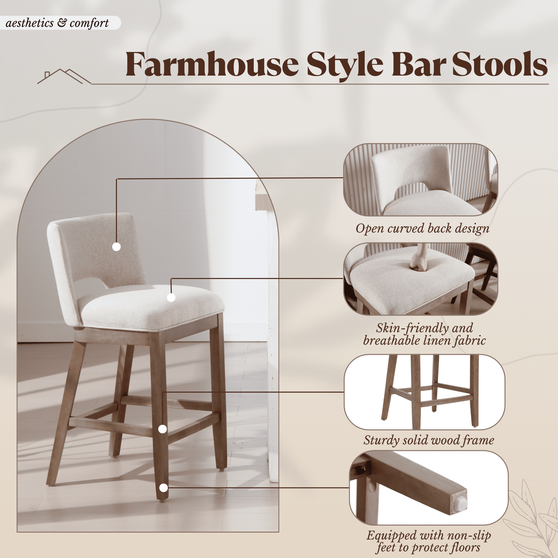 Guyou Linen Bar Stools Set of 2, 26" Modern Counter Height Barstools, Farmhouse Wooden Kitchen Island Chairs with Open Back for Restaurant Kitchen Bar, Beige