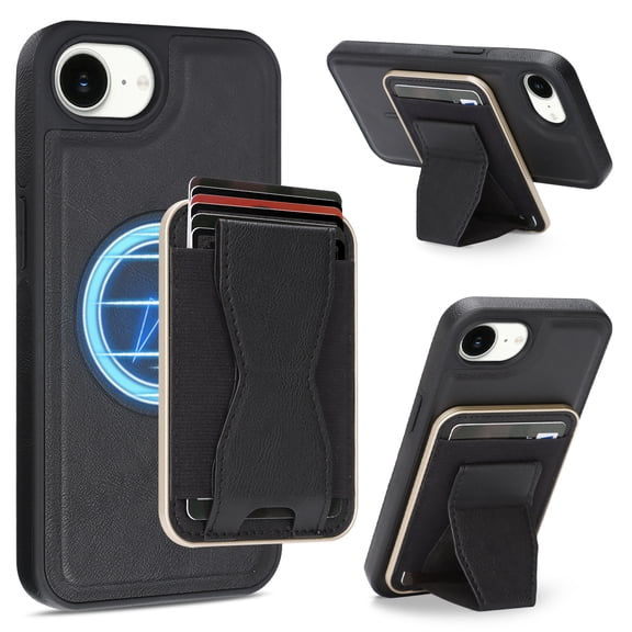 ShellTech For iPhone 16e PU Leather Magnetic Wallet Kickstand Case with Detachable Card Holder , Durable Slim Shockproof Anti-Scratch PC TPU, Wireless Charging Cover,Black