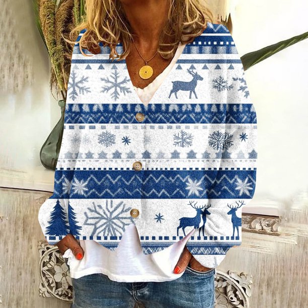 Cárdigan informal para mujer, con botones y estampado navideño, chaqueta de moda, abrigo, blusa de poliéster para mujer