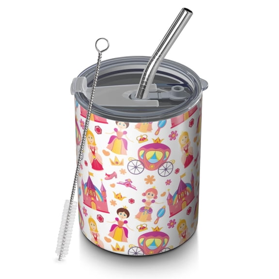 12oz Coffee Tumblers Colorful Princess Castle Carriage Pattern Stainless Steel Vacuum Insulated Travel Tumbler Coffee Cups Mug with Lid and Straw with Cleaning Brush for Cold & Hot Drinks