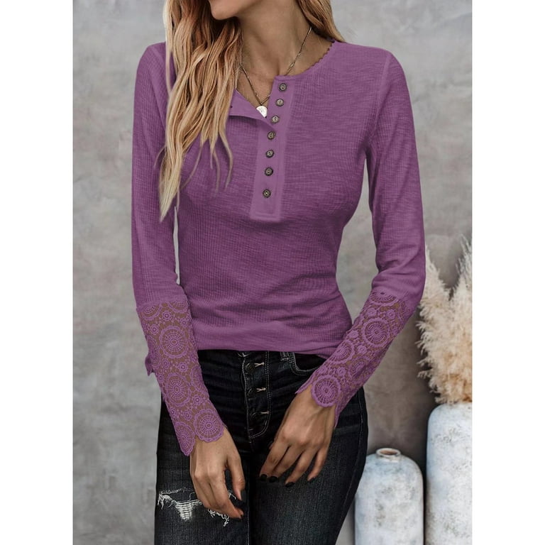 Vafful Womens V Neck Henley Shirts Long Sleeves Tunic Lace Tops Ribbed Knit  Button Shirts Casual Slim Fit Blouses Purple Size S 