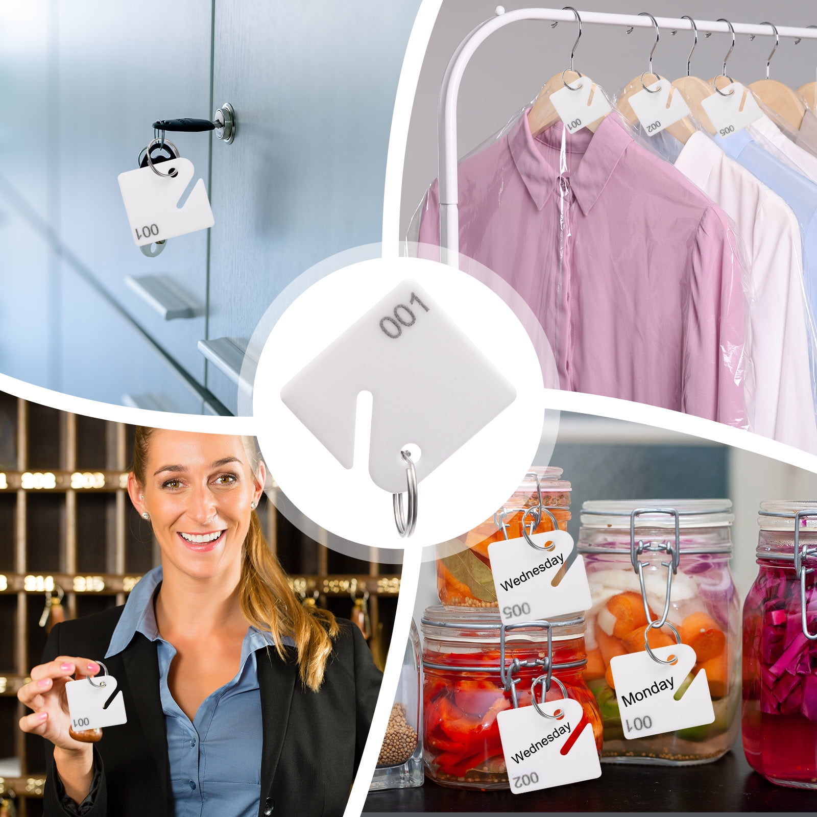 Uxcell 100 Pcs Number Tags 1-100, 1.5" Plastic Hanging Slotted Key Tags with Rings White Square Hanging Tag Keychains