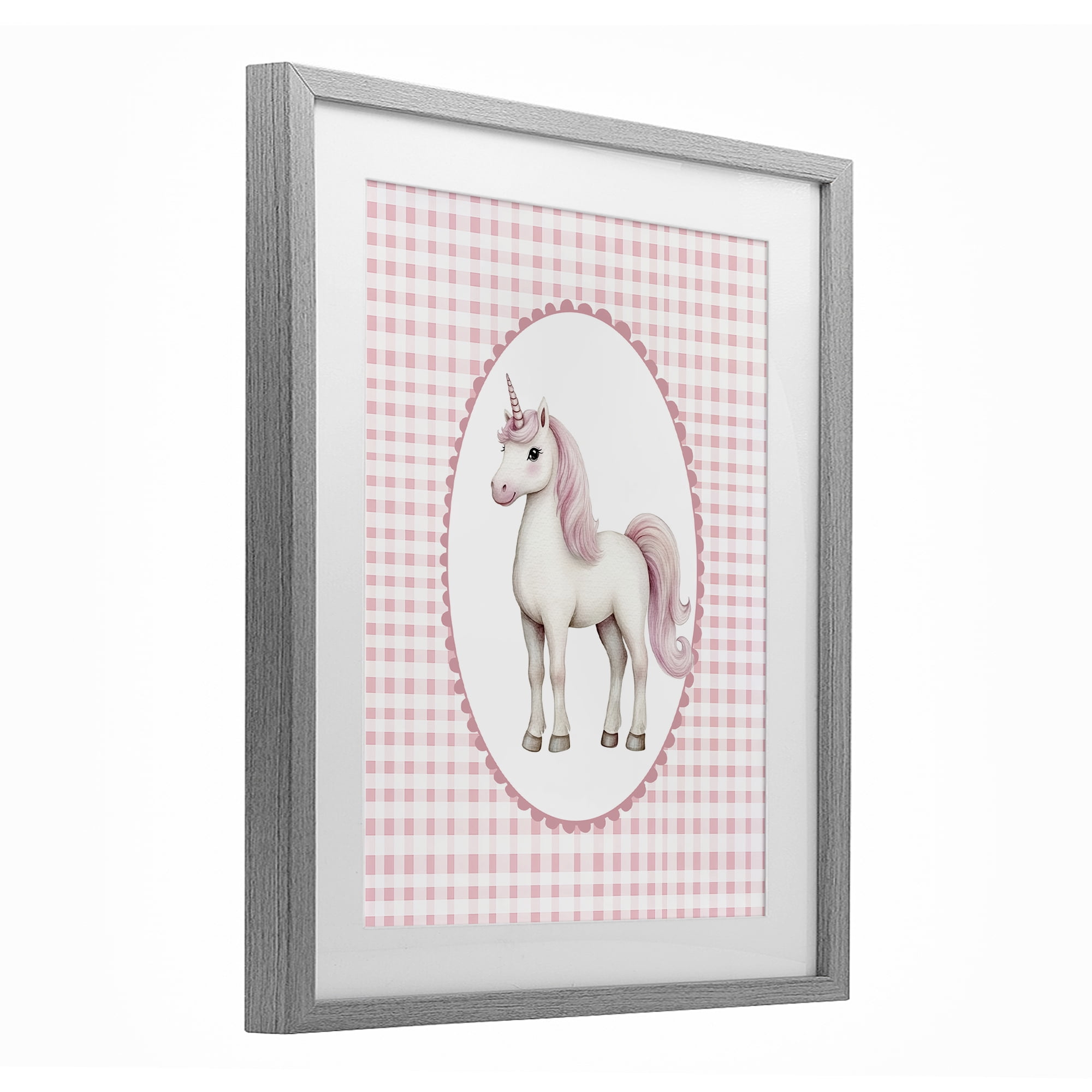 Stupell Industries Pink Gingham Unicorn Gray Framed Print Under Glass, design by Christine Simpson Art