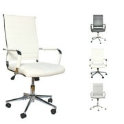 Eclife High-Back Ribbed Upholstered Leather Office Chair with Arm Sleeves and Tilt Executive Conference Chair for Meeting room, White