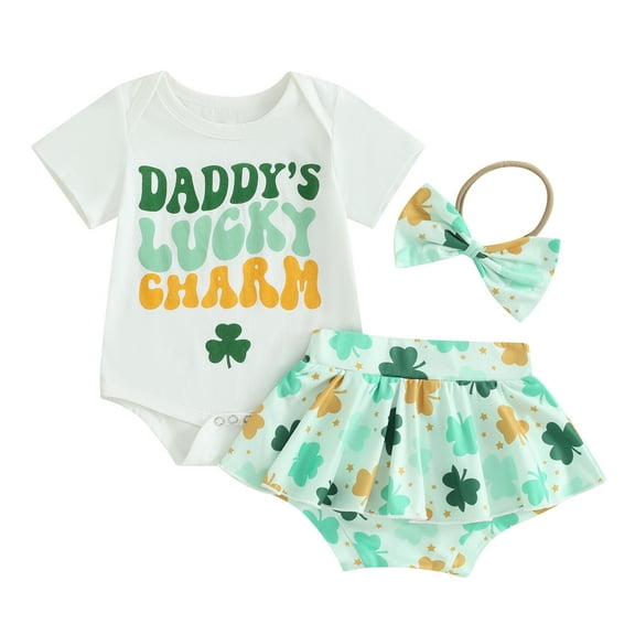 Musuos Baby Girls Irish Day Outfits 3 6 12 18M Short Sleeve Romper   Skirt Shorts   Headband Set Infant Clothes