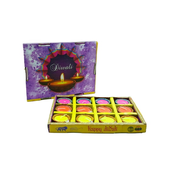 Avador Handmade Clay Diya Indian Puja Oil Lamp, Mitti Diya Lamp Engraved Design Diya for Diwali Pooja (Color Pack of 12 With Color Wax)