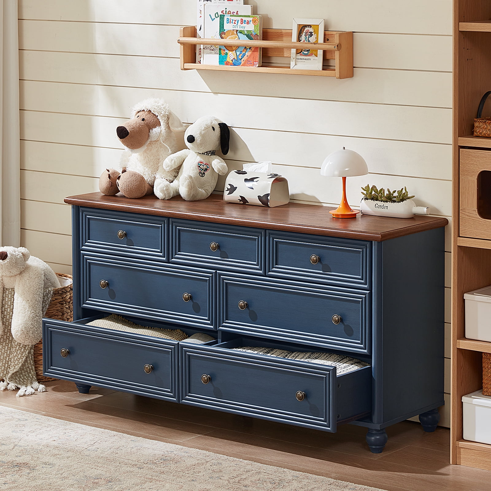 LELELINKY 7 Drawers Dresser for Bedroom, Farmhouse Chest of Drawer with Metal pull Handle, Wood Storage Cabine for Living Room, Hallway and Bedroom, Blue