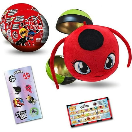 Miraculous Ladybug, 4-1 Surprise Miraball, 2 Pack, Toys for Kids with Collectible Character Metal Ball, Kwami Plush, Glittery Stickers and White Ribbon (Wyncor)