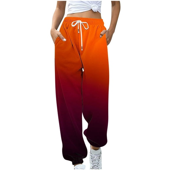 Women's Sweatpants Capri Pants Cropped Jogger Gradient Color Lounge Drawstring Elastic Waist with Side Pockets(Orange,XL)