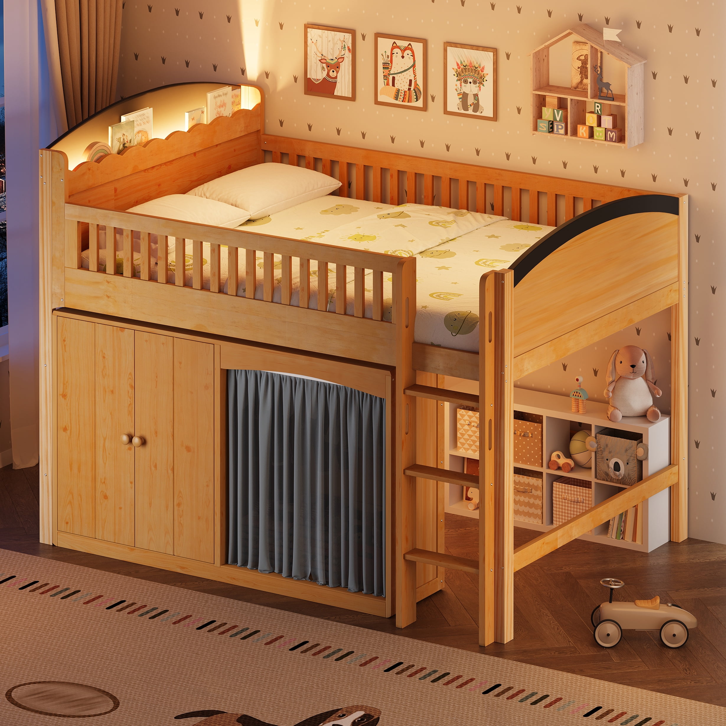 Euroco Wood Full Loft Bed with Wardrobe and Cabinets, LED Light, Wood