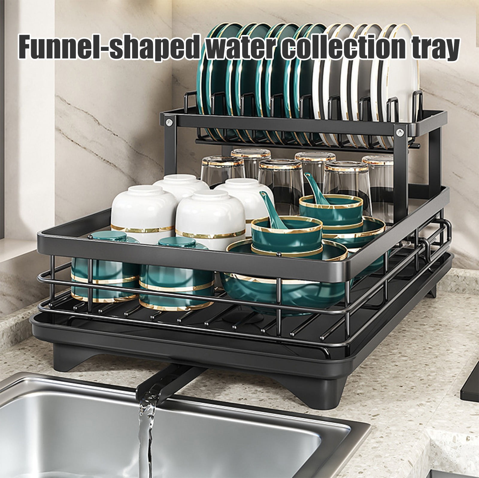 Dish Drying Rack Carbon Steel 2 Tier Draining Rack, Bowl Plate Chopstick Storage with Water Drain Tray, Countertop Dish Organizer for Kitchen Sink and Counter